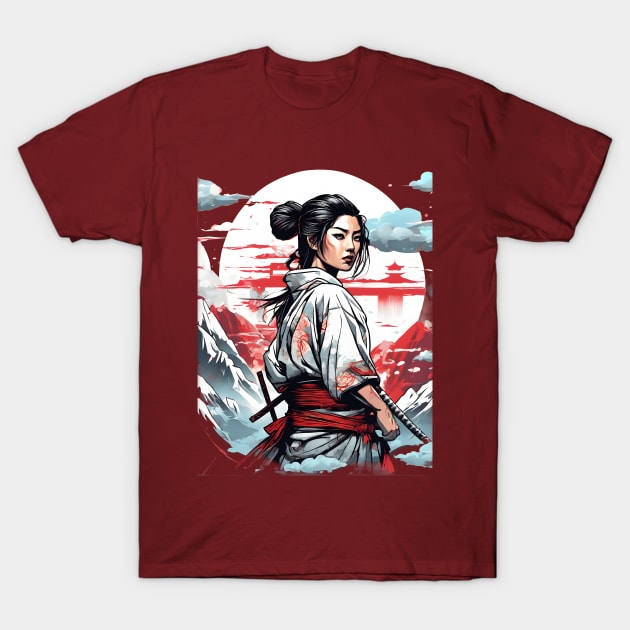 red samurai girl near mountains T-Shirt by defpoint